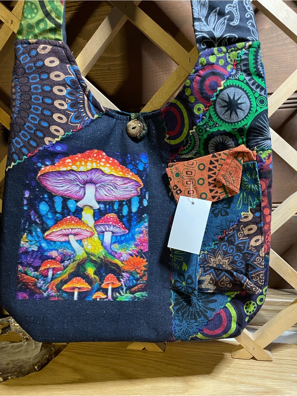 NWT Royal Psychedelic Mushroom Printed Boho Hippie Cotton Hobo Bag 14.5” X 12”